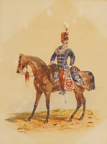 Orlando Norie (Belgian, 1832-1901), heightened watercolour, study of a mounted Hussar, 20x15cm condition - faded, stained